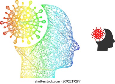 Icono de marco de virus cerebral de malla neta con gradiente de espectro. Icono del virus cerebral de malla de marco brillante. Malla plana creada a partir del icono del virus cerebral y de las líneas de cruce.