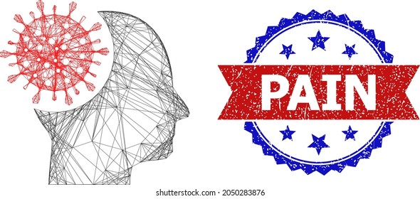 Mesh net brain virus framework icon, and bicolor scratched Pain seal stamp. Flat frame created from brain virus icon and crossing lines. Vector watermark with corroded bicolored style,