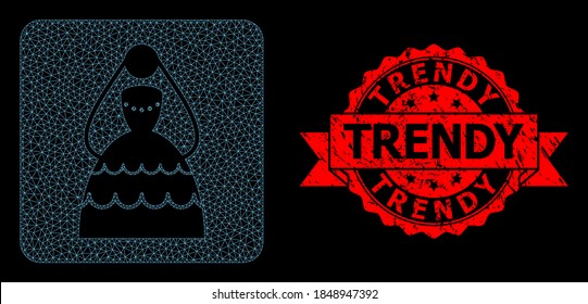 La malla de la malla en el fondo negro y el sello de la cinta sucia de moda. El sello rojo contiene texto de moda dentro de la cinta. Constelación vectorial creada a partir del icono de la novia con malla.