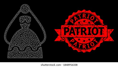 Mesh net bride on a black background, and Patriot unclean ribbon stamp seal. Red stamp seal has Patriot caption inside ribbon. Vector model created from bride icon with triangular net.