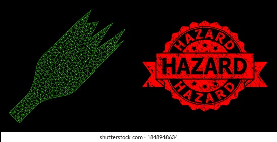 Mesh net broken wine bottle on a black background, and Hazard scratched ribbon stamp seal. Red stamp seal contains Hazard caption inside ribbon.