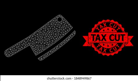Mesh net butchery knife on a black background, and Tax Cut scratched ribbon seal imitation. Red stamp seal has Tax Cut text inside ribbon. Vector model created from butchery knife icon with mesh.