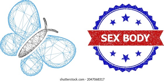 Mesh net butterfly model icon, and bicolor dirty Sex Body watermark. Flat framework created from butterfly icon and crossing lines. Vector watermark with corroded bicolored style,