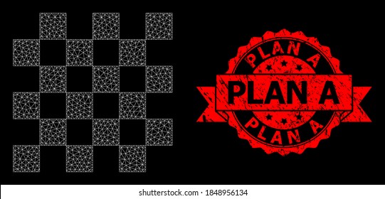 Mesh net chess board on a black background, and Plan A corroded ribbon stamp seal. Red stamp seal has Plan A tag inside ribbon. Vector model created from chess board icon with mesh.