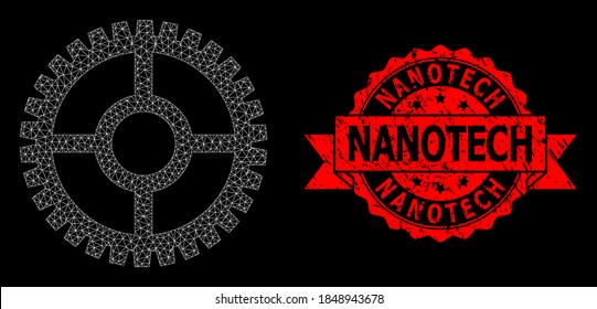Mesh net clock cog on a black background, and Nanotech grunge ribbon seal. Red seal has Nanotech tag inside ribbon. Vector model created from clock cog icon with triangular net.