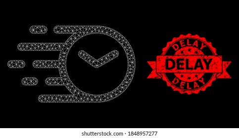 Mesh net clock on a black background, and Delay textured ribbon seal imitation. Red stamp seal has Delay caption inside ribbon. Vector model created from clock icon with triangular net.