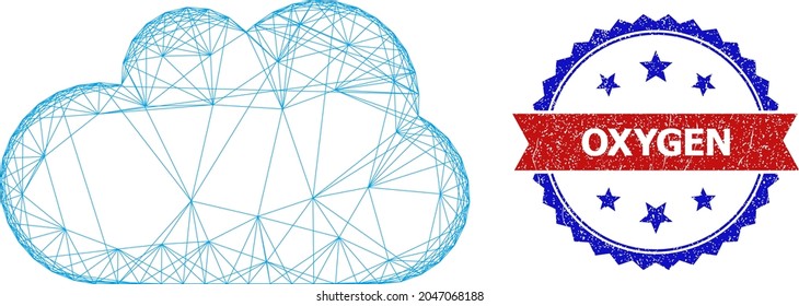 Mesh net cloud wireframe illustration, and bicolor textured Oxygen watermark. Flat mesh created from cloud pictogram and crossing lines. Vector watermark with distress bicolored style,