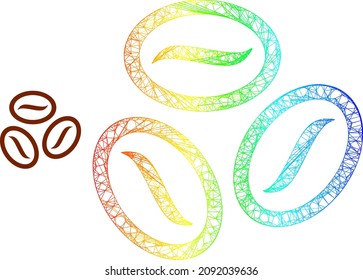Mesh net Kaffee Bohnen Schlachtkörper Symbol mit Spektrum Farbverlauf. Lebhaftes, karckschnelles Kaffeebohnen-Symbol. Flacher Körper aus Kaffeebohnen Ikone und Kreuzungen.