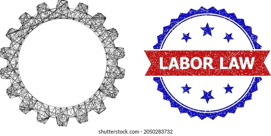 Mesh net cogwheel carcass icon, and bicolor textured Labor Law watermark. Flat framework created from cogwheel pictogram and intersected lines. Vector watermark with distress bicolored style,