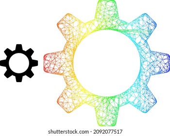 Mesh net cogwheel carcass icon with spectrum gradient. Bright carcass mesh cogwheel icon. Flat model created from cogwheel icon and intersected lines.