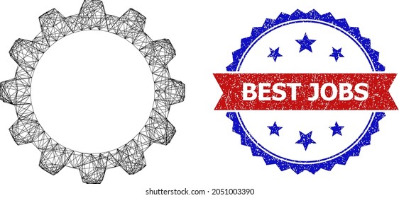 Mesh net cogwheel framework icon, and bicolor grunge Best Jobs seal stamp. Flat mesh created from cogwheel pictogram and crossed lines. Vector imprint with grunge bicolored style,