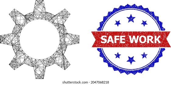 Ilustración del modelo de rueda cognoscitiva de malla neta, y marca de agua bicolor impura Safe Work. Estructura plana creada a partir del icono de la rueda cognitiva y líneas interseccionadas. Marca de agua vectorial con un estilo bicoloroso impuro,