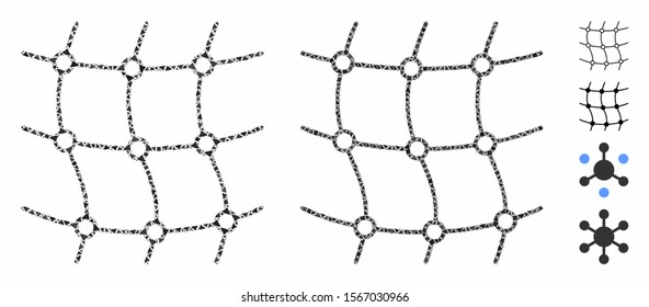 Mesh net composition of irregular parts in various sizes and color tints, based on mesh net icon. Vector inequal parts are organized into collage. Mesh net icons collage with dotted pattern.