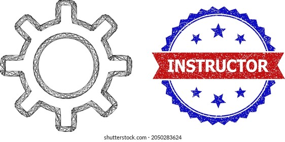 Mesh net contour gear frame icon, and bicolor unclean Instructor seal. Flat mesh created from contour gear icon and intersected lines. Vector seal with corroded bicolored style,