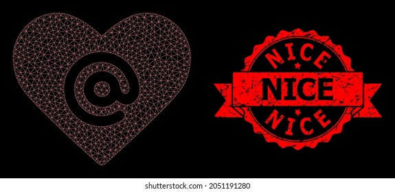 Mesh net dating heart address on a black background, and Nice unclean ribbon seal. Red stamp has Nice title inside ribbon.