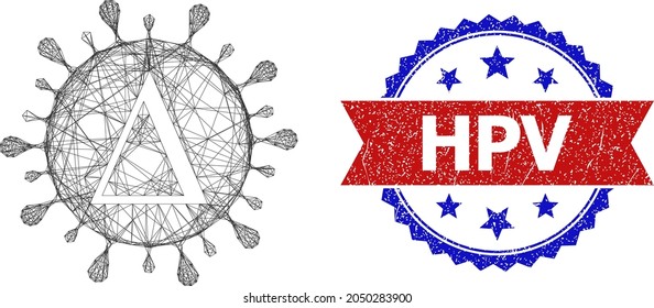 Mesh net Delta Coronavirus Rahmensymbol, und Bicolor Gummi Hpv Siegel. Flacher Schlachtkörper, der aus dem Delta-Coronavirus-Symbol und Kreuzungslinien hergestellt wurde. Vektorrobbe mit entladenem bicfarbenem Stil,