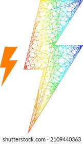 Mesh net electric spark model icon with spectrum gradient. Colorful frame net electric spark icon. Flat frame created from electric spark icon and crossing lines.