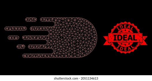 Mesh net electron flight on a black background, and Ideal corroded ribbon seal imitation. Red seal has Ideal text inside ribbon.