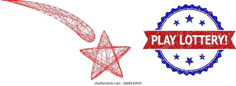 Mesh net falling star carcass illustration, and bicolor unclean Play Lottery seal stamp. Flat mesh created from falling star symbol and crossed lines. Vector imprint with unclean bicolored style,