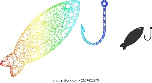 Mesh net Fischerei Rahmenillustration mit spektralen Farbverlauf. Flache Maschen, die aus dem Fischsymbol und den Kreuzlinien entstanden sind.
