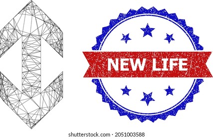 Mesh net flip vertically framework icon, and bicolor dirty New Life watermark. Flat framework created from flip vertically symbol and crossed lines. Vector watermark with grunge bicolored style,