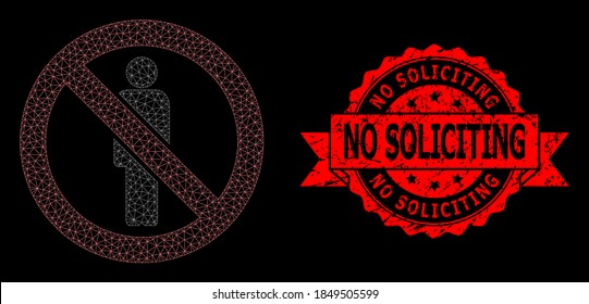 Mesh net forbidden man on a black background, and No Soliciting dirty ribbon stamp seal. Red stamp contains No Soliciting caption inside ribbon.
