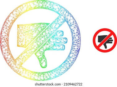 Mesh net forbidden thumb down frame icon with rainbow gradient. Colorful frame mesh forbidden thumb down icon. Flat model created from forbidden thumb down pictogram and crossing lines.
