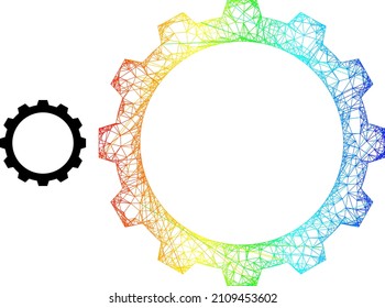 Mesh net gear carcass illustration with spectral gradient. Colored carcass mesh gear icon. Flat model created from gear icon and intersected lines.