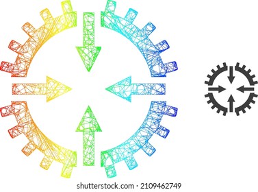 Icono de modelo de centro de engranajes de malla con gradiente arco iris. Icono del centro del engranaje de malla del bastidor vibrante. Malla plana creada a partir del símbolo central del engranaje y de las líneas de cruce.