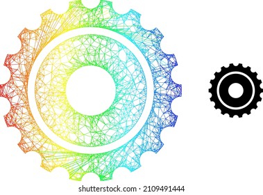 Mesh net gearwheel carcass icon with spectral gradient. Colored frame mesh gearwheel icon. Flat carcass created from gearwheel symbol and crossing lines.