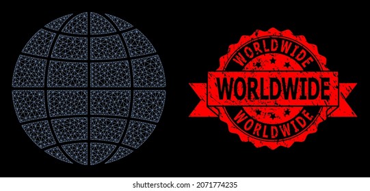 Mesh net globe on a black background, and Worldwide scratched ribbon stamp seal. Red stamp seal includes Worldwide title inside ribbon. Vector model created from globe icon with triangular net.