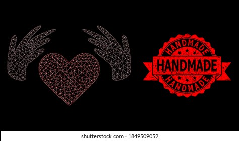 Mesh net handmade love on a black background, and Handmade scratched ribbon seal. Red stamp seal has Handmade tag inside ribbon.