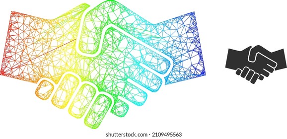 Mesh net handshake frame icon with spectral gradient. Vibrant frame net handshake icon. Flat mesh created from handshake icon and crossed lines.