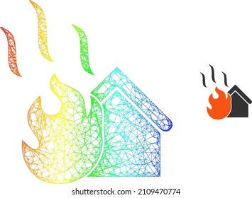 Mesh net house fire carcass icon with spectrum gradient. Colored carcass mesh house fire icon. Flat carcass created from house fire icon and intersected lines.