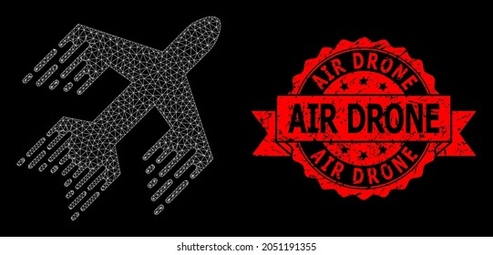 Mesh net jet plane on a black background, and Air Drone dirty ribbon stamp seal. Red stamp seal includes Air Drone tag inside ribbon.