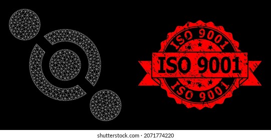 Mesh net joint connector on a black background, and ISO 9001 corroded ribbon stamp seal. Red stamp seal includes ISO 9001 caption inside ribbon.