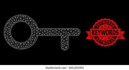 Mesh net key on a black background, and Keywords scratched ribbon seal imitation. Red stamp seal includes Keywords tag inside ribbon. Vector model created from key icon with triangular net.