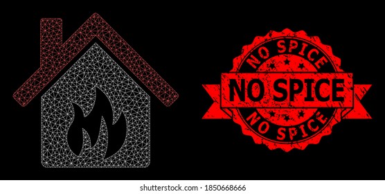Mesh net kitchen building on a black background, and No Spice corroded ribbon stamp. Red stamp includes No Spice text inside ribbon.