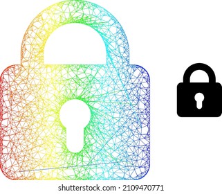 Mesh net lock carcass illustration with spectral gradient. Bright frame mesh lock icon. Flat mesh created from lock icon and intersected lines.