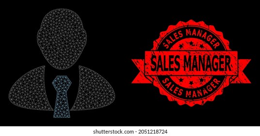 Mesh net manager on a black background, and Sales Manager rubber ribbon stamp. Red stamp has Sales Manager text inside ribbon. Vector constellation created from manager icon with mesh.