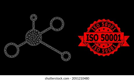 Mesh net masternode on a black background, and ISO 50001 corroded ribbon stamp seal. Red seal includes ISO 50001 caption inside ribbon. Vector model created from masternode icon with triangular net.