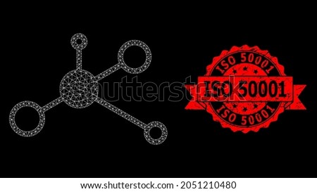 Mesh net masternode on a black background, and ISO 50001 corroded ribbon stamp seal. Red seal includes ISO 50001 caption inside ribbon. Vector model created from masternode icon with triangular net. Stock photo © 