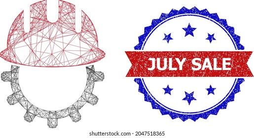Mesh net mechanics engineering framework icon, and bicolor grunge July Sale seal. Flat carcass created from mechanics engineering pictogram and crossing lines. Vector seal with grunge bicolored style,
