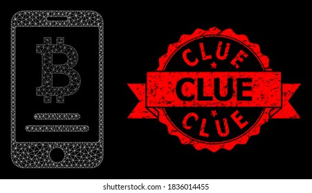 Mesh net mobile bitcoin account on a black background, and Clue dirty ribbon seal print. Red stamp seal contains Clue caption inside ribbon.
