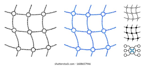 Mesh net mosaic of round dots in different sizes and shades, based on mesh net icon. Vector round dots are grouped into blue composition. Dotted mesh net icon in usual and blue versions.