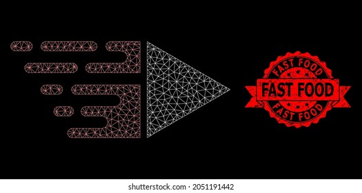 Mesh net motion on a black background, and Fast Food textured ribbon stamp seal. Red seal contains Fast Food title inside ribbon. Vector model created from motion icon with mesh.