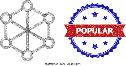 Mesh net nodes frame icon, and bicolor grunge Popular seal stamp. Flat mesh created from net nodes icon and intersected lines. Vector watermark with grunge bicolored style,