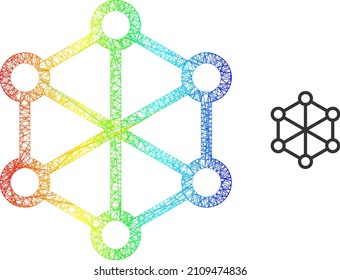 Mesh net nodes model icon with rainbow gradient. Bright carcass net nodes icon. Flat carcass created from net nodes pictogram and intersected lines.
