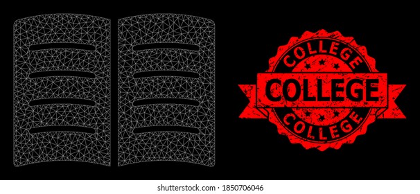 Libro abierto de malla sobre fondo negro y sello de timbre impuro del Colegio. El sello rojo tiene texto de la universidad dentro de la cinta. Constelación vectorial creada a partir del icono de libro abierto con malla.