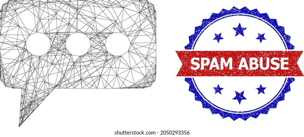 Icono de marco de nube de opinión de la red de malla y marca de agua de abuso de correo basura de color gris bicolor. Marco plano creado a partir del icono de la nube de opinión y líneas cruzadas. Marca de agua vectorial con un estilo bicolor corroído,